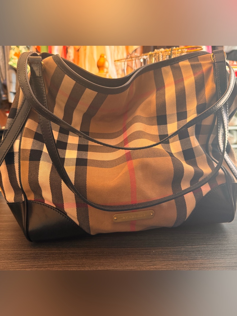 Burberry Nova check Tan Black Shoulder Tote with Red Stripe